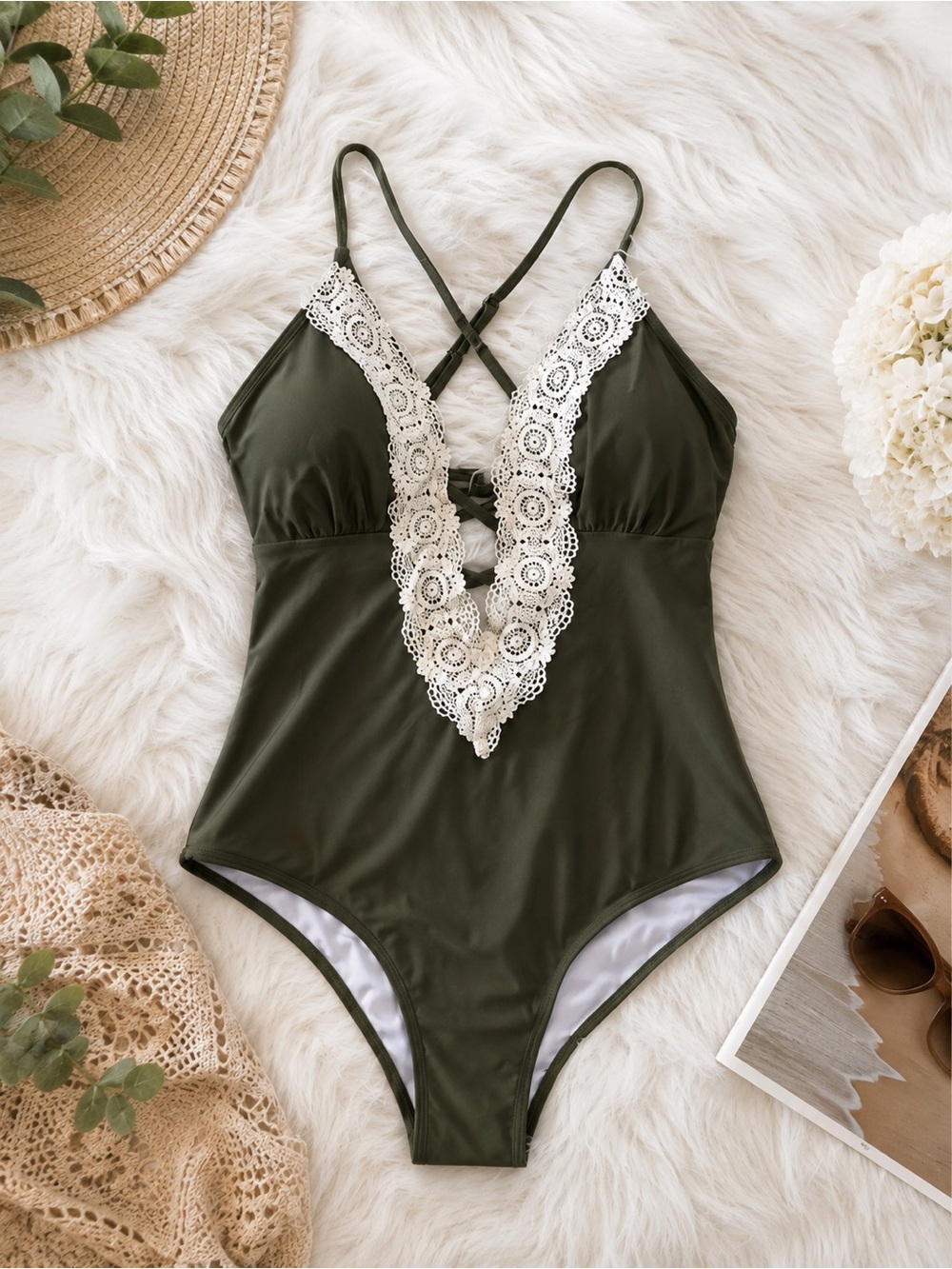 Cupshe Olive Green One-Piece Swimsuit with White Lace V-Neck